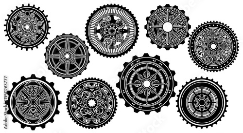 Collection of Intricate Mechanical Gear Wheels Cogs, isolated white background