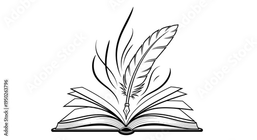 Open book with a feather pen, symbolizing knowledge and writing, isolated white background.