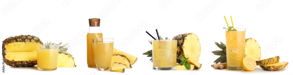 Fototapeta premium Set of fresh pineapple juice on white background