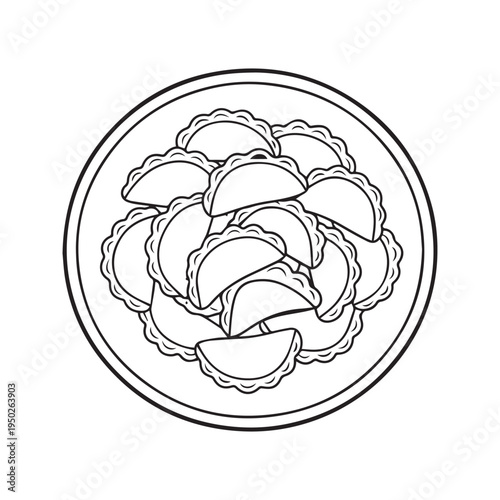 Plate of pierogi dumplings black and white outline vector illustration for coloring page
