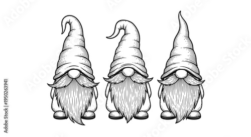 Three Cute Whimsical Garden Gnomes Standing in a Row on Isolated White Background