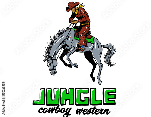 Cowboy riding horse vintage artwork. Jungle cowboy western design. Rodeo graphic print for apparel, sticker, poster. Wild west adventure. Retro art.