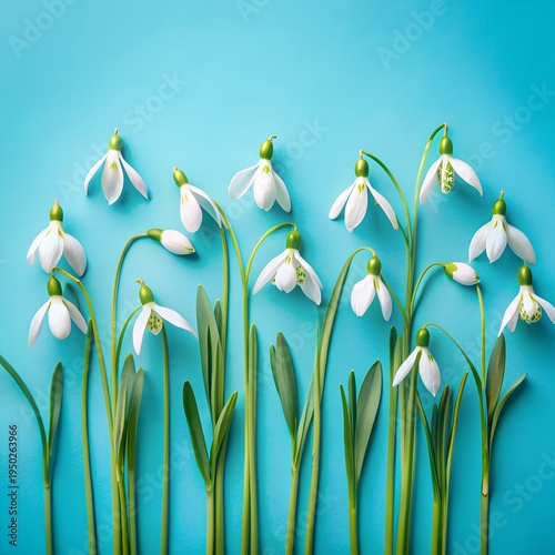 Creative layout made with snowdrop flowers on bright blue background. Flat lay. Spring minimal concept.