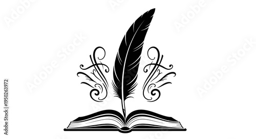 Elegant open book with a classic quill feather pen and decorative swirls, symbolizing education, literature, writing, and wisdom on an isolated white background.