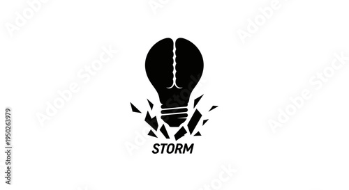 Creative 'STORM' logo concept featuring a brain-shaped light bulb breaking apart, symbolizing a powerful brainstorm or disruptive innovation on an isolated white background.