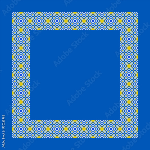 Vector illustration of a Ukrainian embroidery square frame inspired by traditional vyshyvanka ornament. Decorative geometric border in blue and yellow colors created in cross stitch style