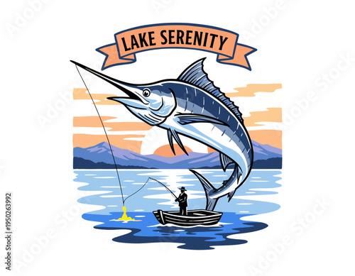 Lake Serenity fishing club artwork for t shirt. Marlin jumping design. Fishing tour artwork. Outdoor adventure. Vintage lake landscape design.