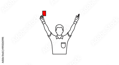 Outline illustration of a soccer referee showing a red card, symbolizing penalty, foul, and expulsion in a match on an isolated white background.