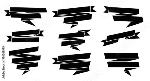 Diverse set of black decorative ribbon banners and labels in various shapes, blank for custom text, on an isolated white background.