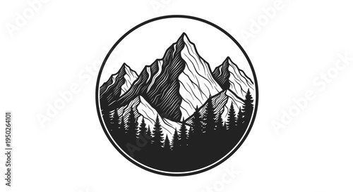 Majestic Mountain Landscape with Pine Trees in a Circular Frame on Isolated White Background