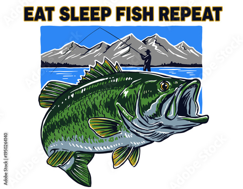 Eat sleep fish repeat vintage artwork for tshirt. Bass fishing graphic for apparel. Mountain lake outdoor adventure. Fishing club logo. Catch fish.