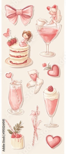 Cut out scrapbook wedding lements. Hand drawn whimsial bows, ribbons, cupid, ccktails, cake. Vector torncraft paper illustrations or wedding or valentine da card invitation.