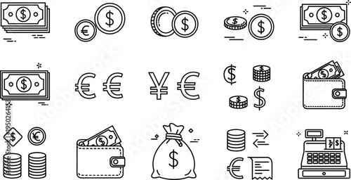 Money Currency and Cash Payment Line Icon Set with Dollar Euro Wallet Symbols