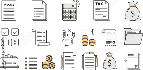 Invoice Tax and Financial Document Line Icon Set with Accounting Payment Symbols