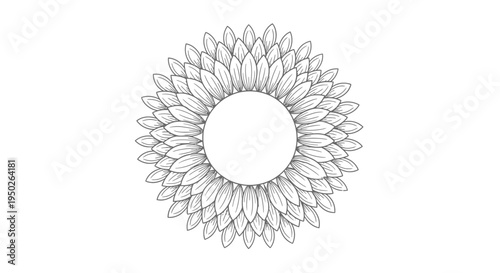 Decorative Sunflower Outline in Circular Pattern, Floral Art Design Element, Isolated White Background.