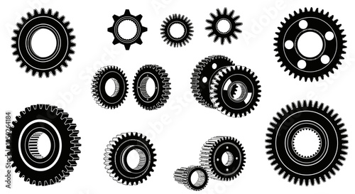 Assortment of Mechanical Gear Cogs and Pinions, Detailed Industrial Design Elements, Isolated White Background.