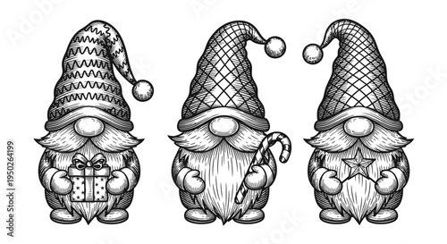 Three adorable Christmas gnomes holding gifts and a candy cane, celebrating the holiday season on an isolated white background.