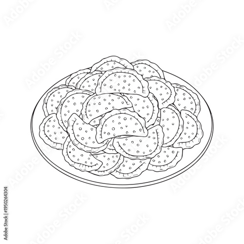 Plate of pierogi dumplings black and white outline vector illustration for coloring page
