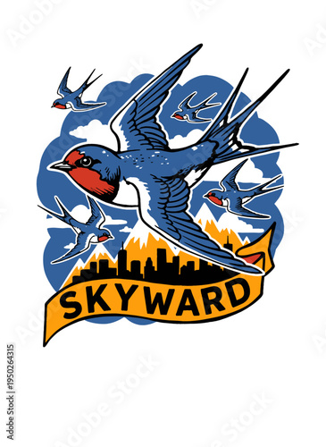 Swallow birds flying skyward vintage artwork for t shirt. City and mountain background. Retro apparel design. Flying birds graphic. Skyward slogan.