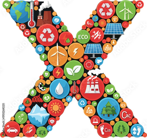Letter X Eco Environment Concept Made with Renewable Energy and Sustainability Icons