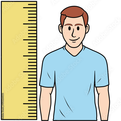 A young man measures his height with a ruler. He smiles because he has grown since the last time he was measured.