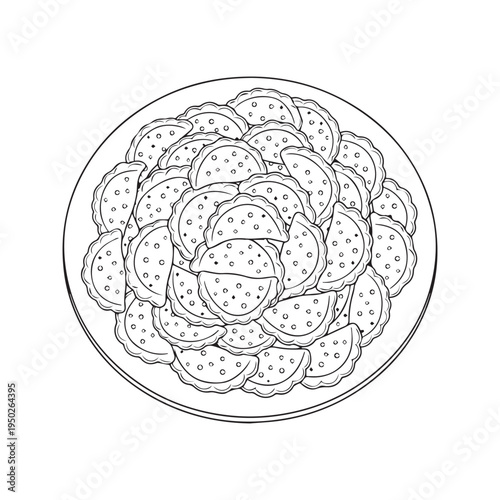 Plate of pierogi dumplings black and white outline vector illustration for coloring page

