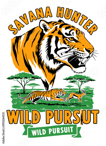 Savana hunter tiger head artwork for t-shirt. Wild pursuit safari design. Wild animal vector. Tiger chasing gazelle. Jungle safari artwork.