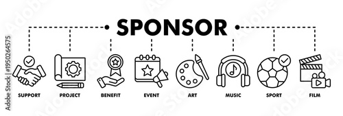 Sponsor banner web line vector illustration concept with icon of support, project, benefit, art, event, music, sport, and film