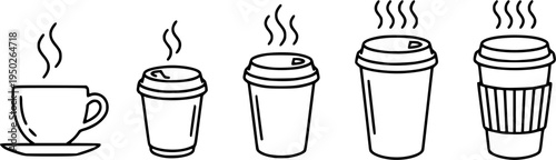 Set of minimal black line illustrations of coffee cups with steam in a simple outline style. Clean modern vector icons inspired by café and beverage themes. Minimalist line art design isolated on a wh