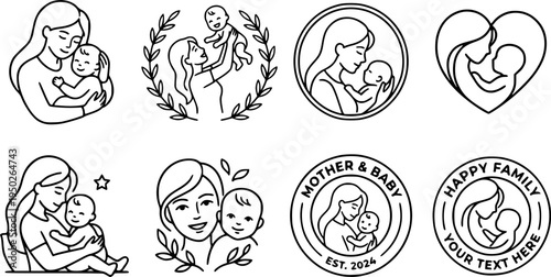 Vector black line design templates and emblems featuring a happy mother and baby. Minimalist outline illustration in simple line art style, isolated on white background. Perfect for parenting themes, 
