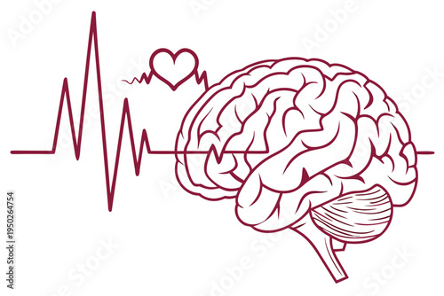 Human Brain Illustration with Brainstorming Frequency Wave for Mental Health with heart