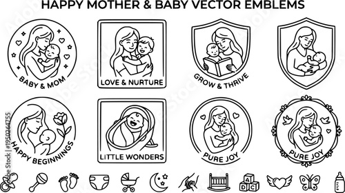 Vector black line design templates and emblems featuring a happy mother and baby. Minimalist outline illustration in simple line art style, isolated on white background. Perfect for parenting themes, 
