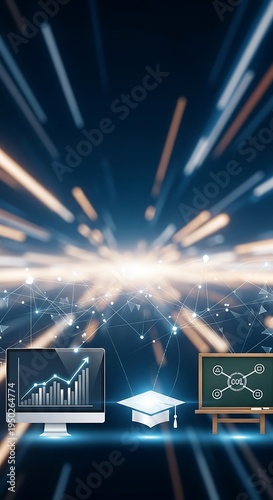 Digital learning progression and data analysis elements set against a futuristic speed effect background