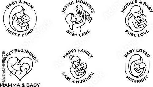 Vector black line design templates and emblems featuring a happy mother and baby. Minimalist outline illustration in simple line art style, isolated on white background. Perfect for parenting themes, 