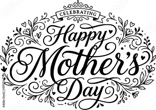 Happy Mother’s Day calligraphic black lettering logo design. Elegant hand-drawn typography for holiday greetings, cards, invitations, and celebration designs. Isolated vector illustration on white bac