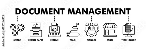 Document management banner web line vector illustration concept with icon of system, reduce paper, receive, track, manage, store, cloud and technology