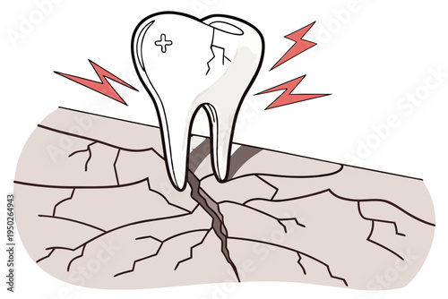 Sad Cartoon Tooth Character with Crack and Cavity Expressing Dental Pain and Toothache