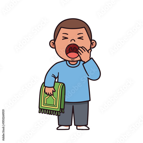 Boy yawning while holding green prayer mat