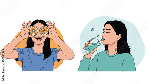 Healthy woman holding orange slices over her eyes and drinking a glass of water to promote wellness and hydration.