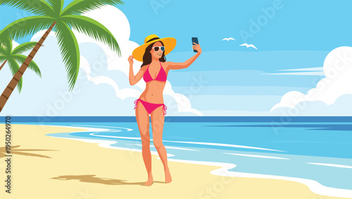 Beautiful woman in a pink bikini taking a selfie on a tropical beach with palm trees and blue ocean water waves.