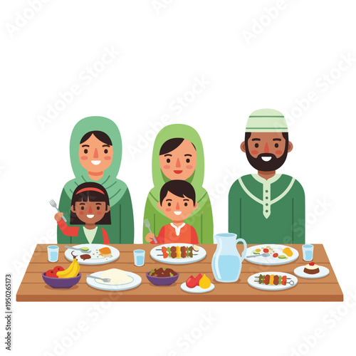 A Muslim family eating together at a table on a festive occasion