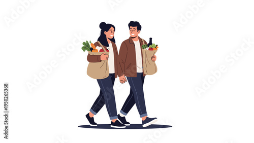 Happy young couple walking together and carrying bags full of fresh groceries and vegetables from the store.
