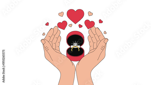 Pair of hands holding an open red jewelry box with a diamond engagement ring and floating red heart symbols.