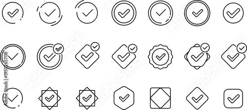 Checkmark Verification Badge Icon Set with Approved Validation and Confirmation Symbols