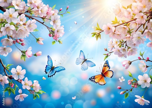 Branches of blossoming cherry against background of blue sky and fluttering butterflies in spring on nature outdoors. Pink sakura flowers, dreamy romantic artistic image of spring nature.