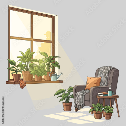 Cozy armchair bathed in sunlight next to a window with potted plants