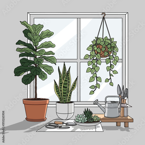 Cozy home corner with various houseplants by the window, gardening tools, and watering can