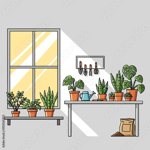 Cozy indoor garden with various potted plants on a shelf and table near a window
