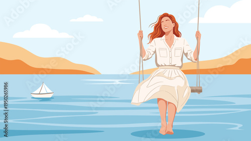 Beautiful woman in a white dress enjoying a swing by the sea with mountains and a small sailboat in the distance.