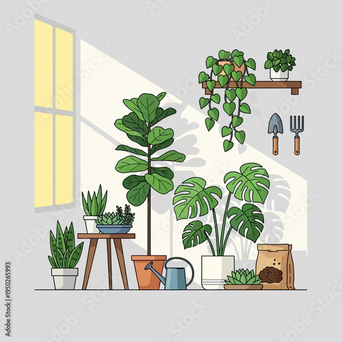 Cozy indoor plant collection bathed in sunlight from a window, gardening tools nearby